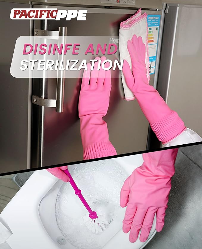 PACIFIC 2 Pairs Reusable Rubber Gloves for Washing Dishes and Cleaning Tasks, Water Resistant Household Gloves for Kitchen Bathroom, Grippy Latex Dish Washing, Pink, Small