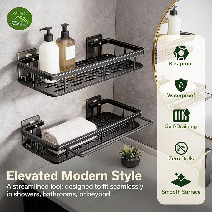 EVALAND Shower Caddy Adhesive 2-Pack with Hooks and Rod for Towels, Black – Premium Bathroom Shower Shelves, Shampoo Organizer, Bathtub Shelf, Rustproof, Easy Installation, Sturdy Modern Look