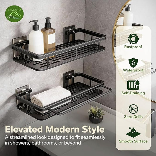 EVALAND Shower Caddy Adhesive 2-Pack with Hooks and Rod for Towels, Black – Premium Bathroom Shower Shelves, Shampoo Organizer, Bathtub Shelf, Rustproof, Easy Installation, Sturdy Modern Look