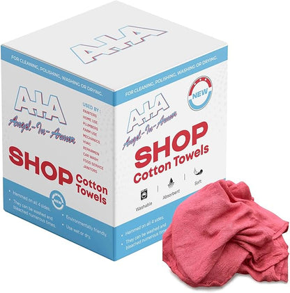 Angel-in-Armor Red Shop Towels – 250 Unit Box of 14”x14” Lint-Free Cotton Shop Towel Cleaning Rags – Durable Shop Rags for Auto, Garage, Industrial, and Commercial Use