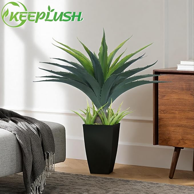 Artificial Spiked Agave Plant 2.5ft, 30 Inch Tall Fake Aloe Vera Plants in Black Pot, Fake Floor Plant Indoor Outdoor for Front Porch Patio Home Office Door Step Decor 2PCS