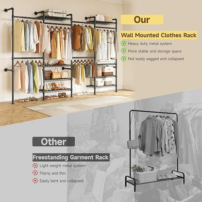 H4 Wall Mounted Closet System, Expandable Industrial Pipe Clothes Rack Clothing Rack for Hanging Clothes, Heavy Duty Closet Organizers and Storage in Wardrobe Closet