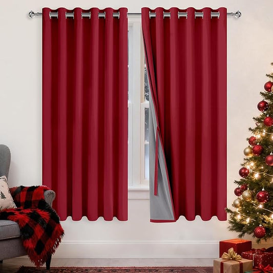 XWZO 100% Blackout Curtains 63 Inches Long with Tiebacks- Completely Shaded & Energy Saving Long Window Panels with Black Liner for Living Room/Bedroom, Christmas Red, W70 x L63, Set of 2