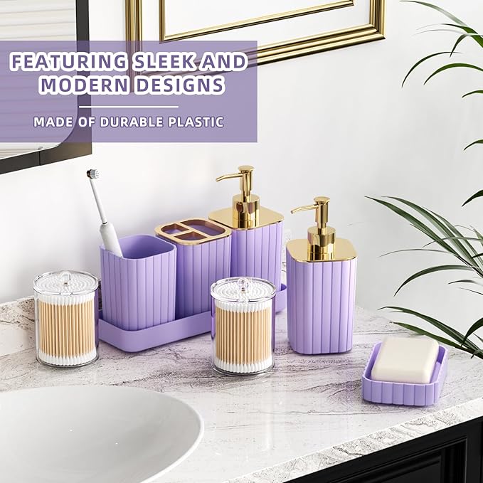 Bathroom Accessories Set - 25PC Bathroom Sets with Shower Curtain and Rugs, Purple Bathroom Set with Trash Can, Soap Dispenser, Soap Dish & Toilet Brush