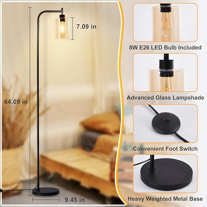 DLLT Floor Lamp Tall for Room: Black Standing Lamp with Amber Glass Lampshade for Living Room - Modern Bright Lamp for Bedroom - Industrial Corner Floor Lamps for Office 8W Led Bulb Included