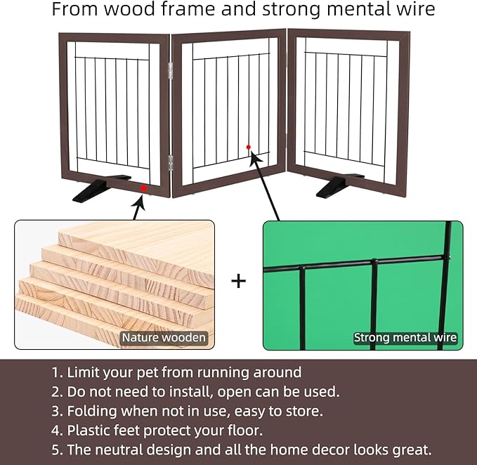 ZJSF Freestanding Dog Gate Indoor, Foldable Dog Fence for Doorways,Hallways or Stairs, Sturdy Wood Extra Wide Pet Gate with Support Feet,Brown,32 "Height-3 Panels
