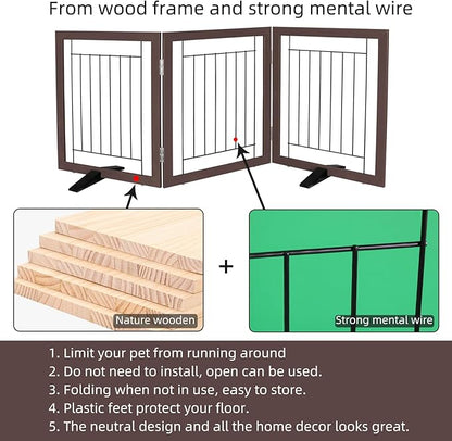 ZJSF Freestanding Dog Gate Indoor, Foldable Dog Fence for Doorways,Hallways or Stairs, Sturdy Wood Extra Wide Pet Gate with Support Feet,Brown,24 "Height-3 Panels