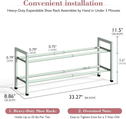 Bumusty 2-Tier Expandable Shoe Rack for Closet, 18“-33” Adjustable Shoe Rack for Small Space, Small Shoe Organizer for Front Door, Sturdy Metal, Green