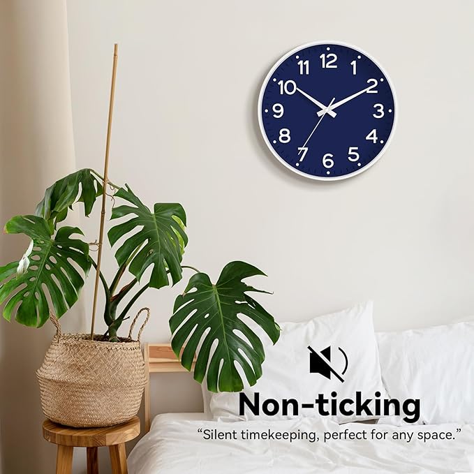 Wall Clock, 10 Inch Silent Wall Clocks Battery Operated-Modern Non Ticking Analog Clock Decorative for Kitchen Bedroom Office Bathroom(Navy Blue)