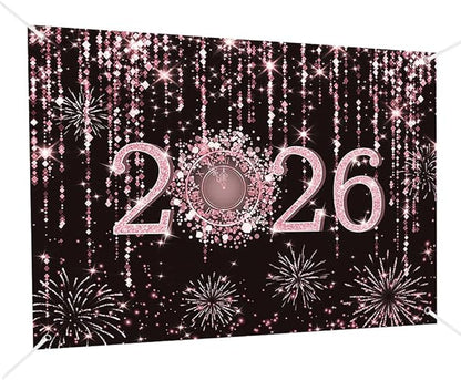 MEHOFOND 7x5 ft Black and Rose Gold 2026 New Year Backdrop Cheers to 2026 Photography Background Hello 2026 Fireworks Dripping Glitter Dots Clock Decor Time to 2026 New Year Eve Cake Smash Photo Props