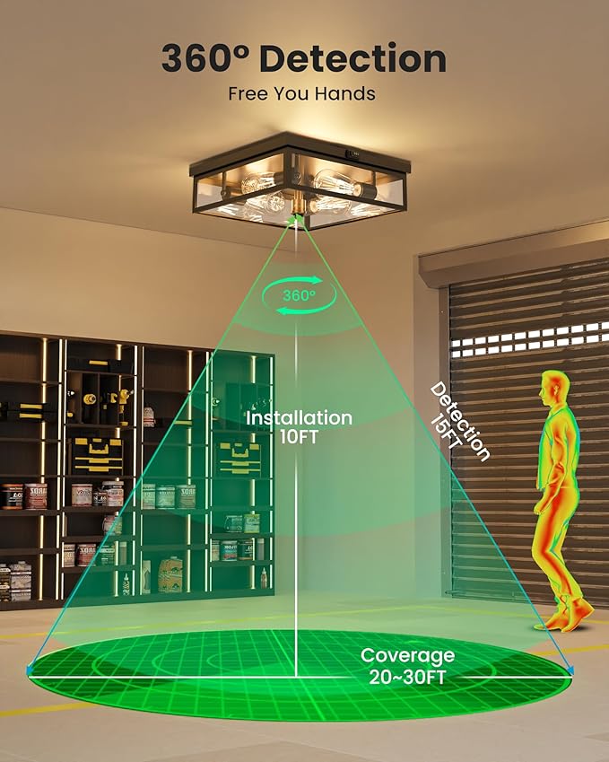Caftersmark Outdoor Ceiling Light with Motion Sensor, Flush Mount Porch Ceiling Light, lear Glass with Dusk to Dawn 4-Light Close to Ceiling Light Fixture for Patio,Porch,Garage(14 in)