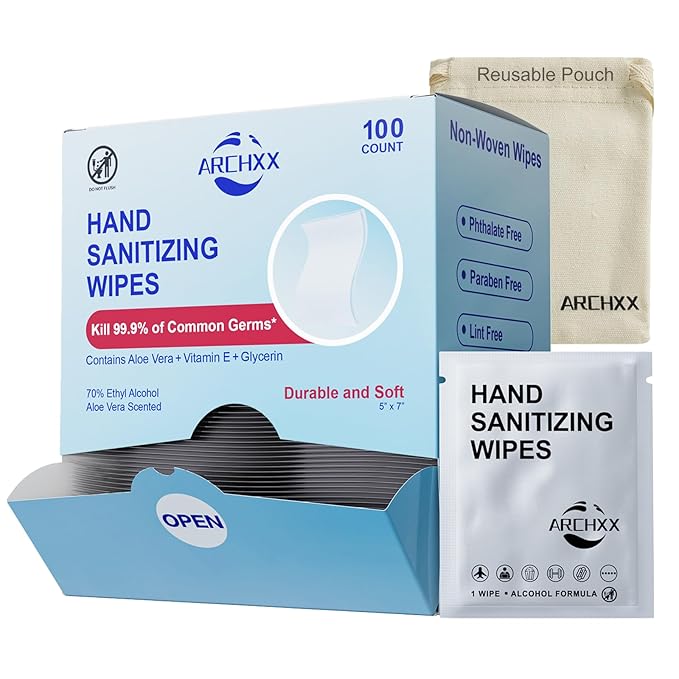 Hand Sanitizer Wipes, 100 Count Non-Woven Hand Wipes Travel Size, Aloe Vera Scent, 70% Alcohol, Individually Wrapped, Sanitizing for Home, Office & Outdoor, Drawstring Bag Included