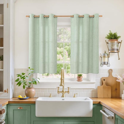 YoungsTex Sage Green Linen Curtains 45 Inches Length for Kitchen Window, Textured Semi Sheer Drapes with Bronze Grommet Light Filtering for Bathroom Cafe Bedroom, 42 x 45 Inch, 2 Panels