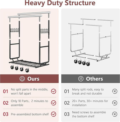 Hoctieon 2-Minute Assembly Double Rod Clothes Rack, Heavy Duty Rolling Clothing Racks with Wheels, Foldable Commercial Garment Rack, Extendable Hanging Bar, Adjustable Metal Pole with Hooks, Black