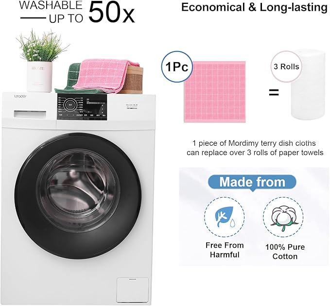Mordimy 100% Cotton Terry Cloth Dish Cloths, Soft and Absorbent Checkered Dish Towels, Quick Drying Dish Rags for Washing Dishes, 8 Pack, 12 x 12 Inches, Pink