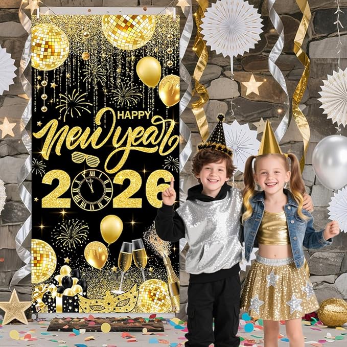 2026 Happy New Year Banner Black and Gold Photography Background New Years Eve Party Decoration Backdrop Holiday Party Hanging Poster Background Banner 35.4x70.8 inch