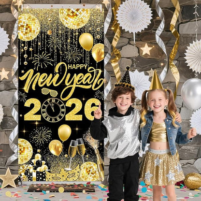 2026 Happy New Year Banner Black and Gold Photography Background New Years Eve Party Decoration Backdrop Holiday Party Hanging Poster Background Banner 35.4x70.8 inch