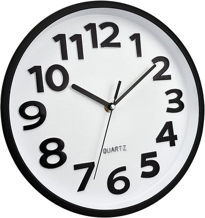 Plumeet 10'' Small Wall Clock, Battery Operated Small Wall Clocks Silent Non-Ticking Quartz, Modern Style Suitable for Bedroom Living Room Office Decor - 3D Numbers Display Easy to Read, White