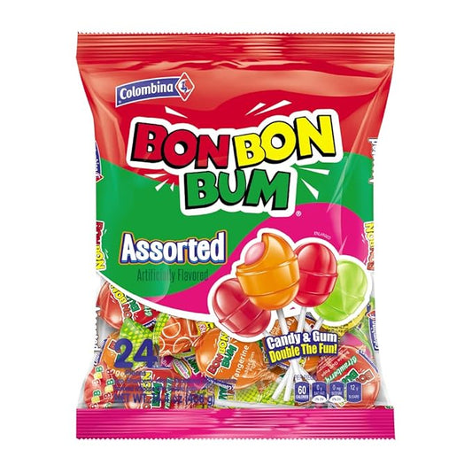 Colombina Bon Bon Bum Lollipops w/Bubble Gum Center, Assorted Flavors, Individually Wrapped, Ideal for Party Favors and Gifts, 1 Pack (24 Count)