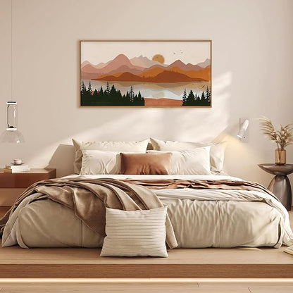 HLNIUC Boho Mountain Burnt Orange Wall Art Framed, Mid Century Modern Terracotta Wall Decor 40x20, Southwest Sunset Canvas Painting, Large Nature Picture for Living Room, Bedroom, Office