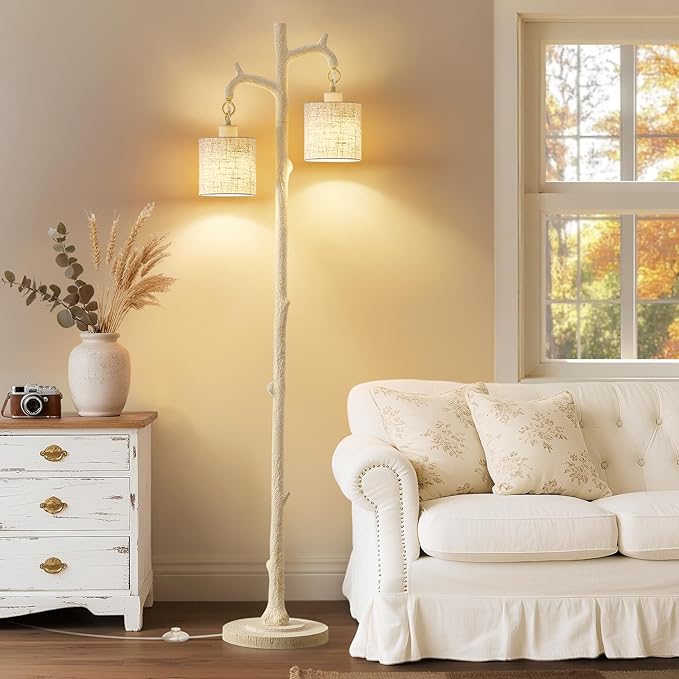 Rustic Floor Lamp for Living Room - Newly Upgraded Heavy-Duty Resin Base Farmhouse Floor Lamp with 2 Country Vintage Reading Light - Standing Tall Lamps for Bedroom Office Home Decor (Almond White)