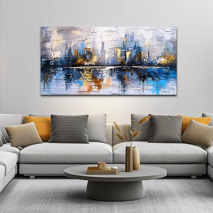 KELIYUAN Abstract City Oil Painting Large Home Decor Mural Living Room Bedroom Modern Printed Canvas Wall Art Yellow Blue Graffiti Mural Office Corridor Can Be Directly Hung Wall Decor 24 X 48 In