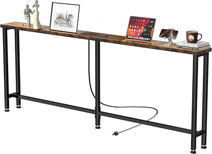 GRLEAF 70" Sofa Table with Built-in Power Strip (2 AC Outlets & 2 USB Ports) – 4.9ft Power Cord, Metal Frame, Easy Assembly, Long Couch Table Behind Sofa, Living Room and Home Office | Rustic Brown