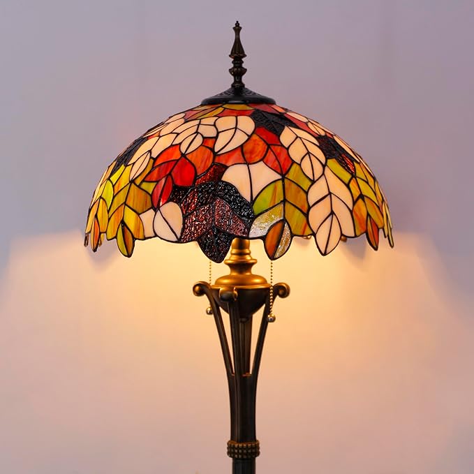 Tiffany Floor Lamp Maple Leaf Stained Glass Standing Reading Light 16X16X70 Inches Antique Pole Corner Lamp Decor Bedroom Office Living Room