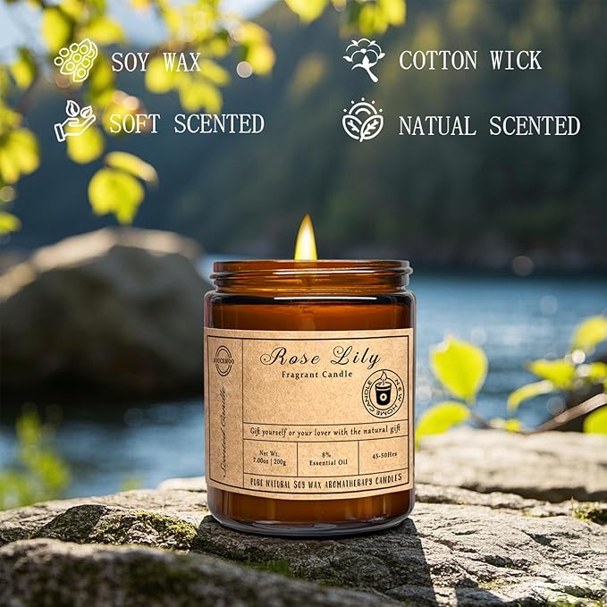 Scented Candles, 7oz Rose Lily Candles for Home Scented, Soy Wax Aromatherapy Candle for Relaxing and Stress Relief, Non Toxic, Slow Burning, Christmas, Birthday, Valentine Gifts for Women Men