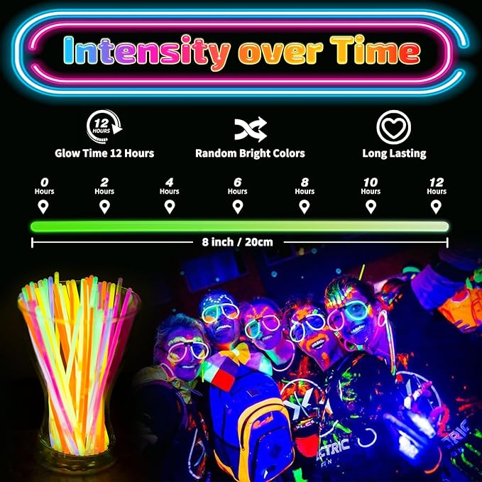 100 Pcs Glow Sticks Bulk, 8" Glow in the Dark Party Supplies - Neon Glow Stick Bracelets & Necklaces for Festivals, Concerts, Raves, Night Clubs, Halloween, Christmas, Birthdays