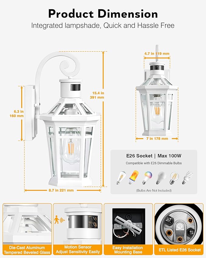 2 Pack Motion Sensor Outdoor Wall Lantern, White Outdoor Garage Lighting Fixtures Wall Mount, Waterproof Front Porch Lights with E26 Base, Exterior Sconce Light with Adjustable Sense Range