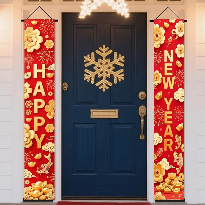 Nuxovilar Happy New Year Banner, 70.86" x 11.81" Red Gold Pattern Hanging Decorations for Outdoor Indoor Home Wall