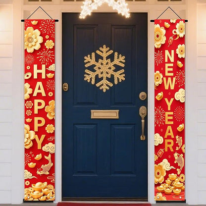 Nuxovilar Happy New Year Banner, 70.86" x 11.81" Red Gold Pattern Hanging Decorations for Outdoor Indoor Home Wall
