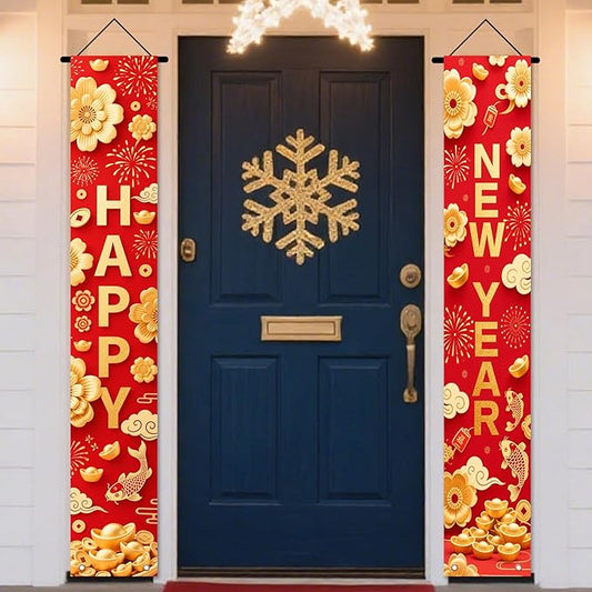 Nuxovilar Happy New Year Banner, 70.86" x 11.81" Red Gold Pattern Hanging Decorations for Outdoor Indoor Home Wall