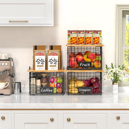 keomaisyto 2 Set XL Stackable Wire Baskets with Bamboo Top- Pantry Organizers and Storage, Kitchen Organization Counter Storage Bins for Potato/Onion/Fruit/Vegetable/Produce, Under Sink Organizing