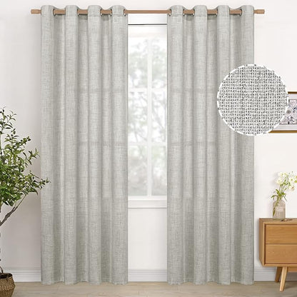 YoungsTex Light Grey Linen Curtains 84 Inch Length for Living Room, Textured Semi Sheer Window Drapes with Bronze Grommet Light Filtering for Bedroom Dining, 2 Panels, 52 X 84 Inch