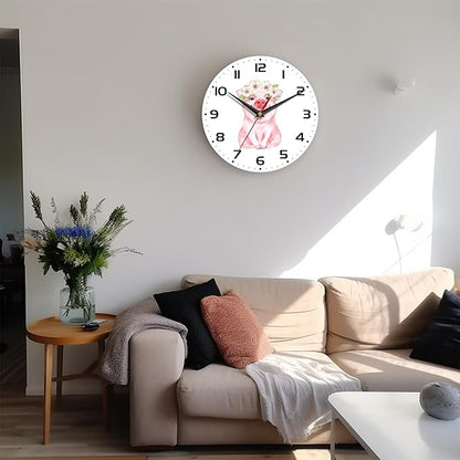 Wall Clock, 10 Inch Silent Non-Ticking Home Kitchen Decor, Battery Operated for Bathroom Bedroom Living Room Office(Cute Pig Flower)
