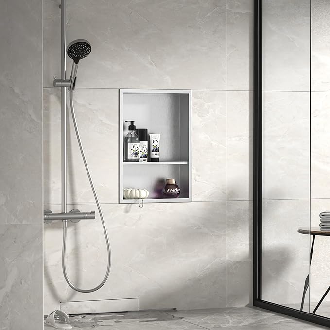 Stainless Steel Shower Niche 18" X 12" Brushed No Tile Needed Wall Niche Double Shelves Recessed Shower Shelf for Bathroom Storage Over Mount Installation
