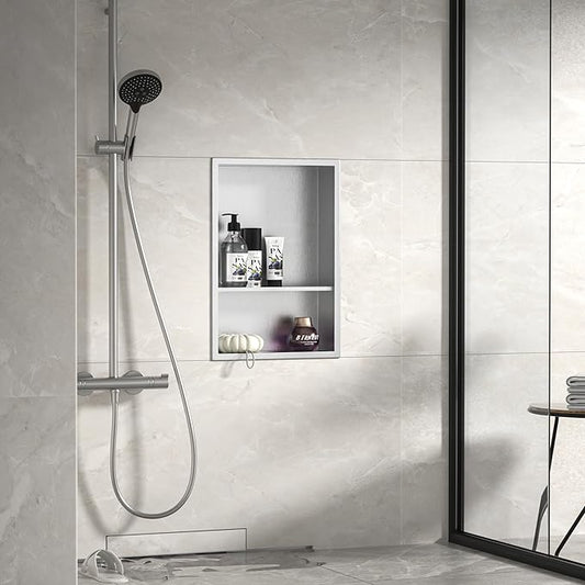 Stainless Steel Shower Niche 18" X 12" Brushed No Tile Needed Wall Niche Double Shelves Recessed Shower Shelf for Bathroom Storage Over Mount Installation