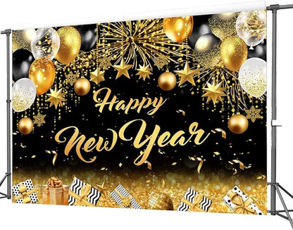 CHAIYA 8x6ft 2026 Happy New Year Backdrop Black and Gold Photography Background New Year Eve Party Decoration SNew Year Holiday Party Banner