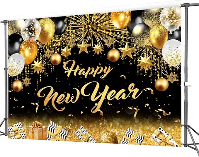 CHAIYA 7x5ft 2026 Happy New Year Backdrop Black and Gold Photography Background New Year Eve Party Decoration SNew Year Holiday Party Banner