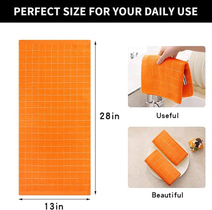Homaxy 100% Cotton Terry Kitchen Towels(Orange, 13 x 28 inches), Checkered Designed, Soft and Super Absorbent Dish Towels, 4 Pack