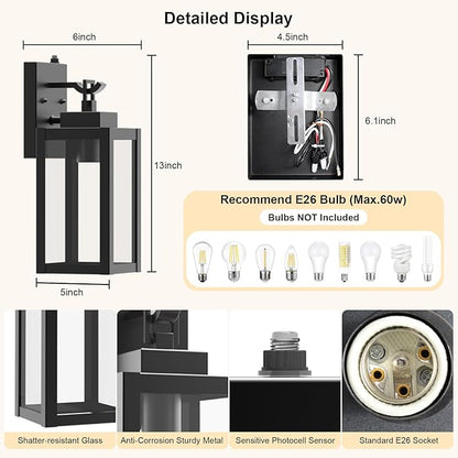 2-Pack Dusk to Dawn Outdoor Wall Lights, Modern Black Sensor Porch Light Fixtures, Waterproof Exterior Lighting for House, Garage, Patio, Front Door, 100-120Vac