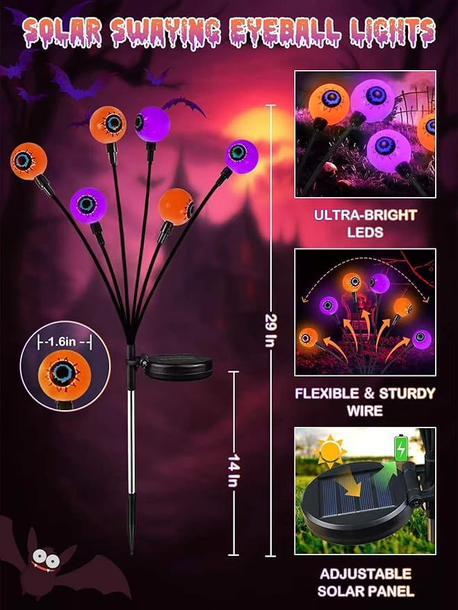 6 Pack Halloween Decorations Outdoor Solar Eyeball Lights, Purple and Orange Scary Eyeball Swaying Firefly Lights with 2 Modes, Waterproof Halloween Pathway Lights for Yard Garden Lawn Party Decor