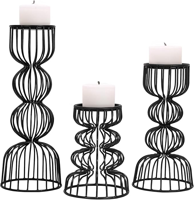 Lainon Candle Holders for Pillar Candles (Black, Set of 3) - Hand Crafted Black Metal Candle Holder Set - Metal Candle Holders Pillar for Table Centerpiece - Modern Candle Stand - 6", 9", 12"