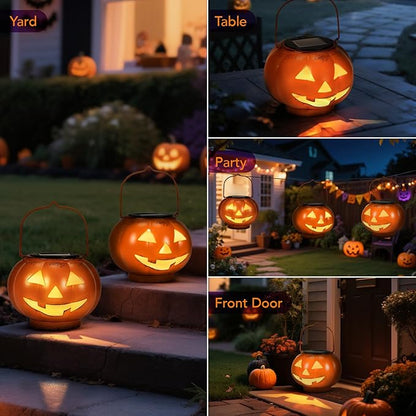 Halloween Pumpkin Solar Lanterns - Jack O Lantern Hanging Solar Light Waterproof for Yard, Patio, Garden,Spooky Decor Halloween Party Decorations