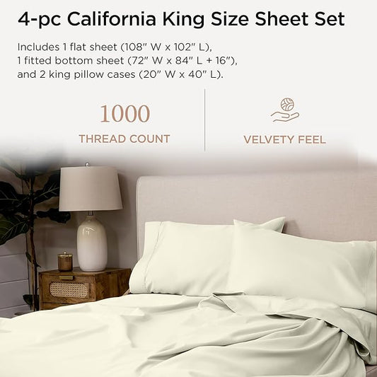 Threadmill Supima Cotton Sheets - California King, 1000 Thread Count, 4 Pc Luxury Set, Ivory with Deep Pocket