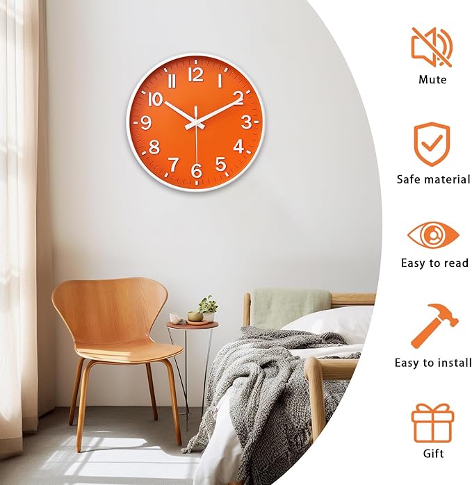 HZDHCLH Wall Clocks Battery Operated,Wall Clock Orange,10 inch Wall Clock Silent Non Ticking Modern 3D Numbers for Kitchen Bedroom Living Room Office Classroom Decor