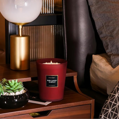 HomeLights Scented Candles - Large Jar Aromatherapy, Natural Soy Wax, 130 Hour Long Burning, Ruby Cherry & Merlot
