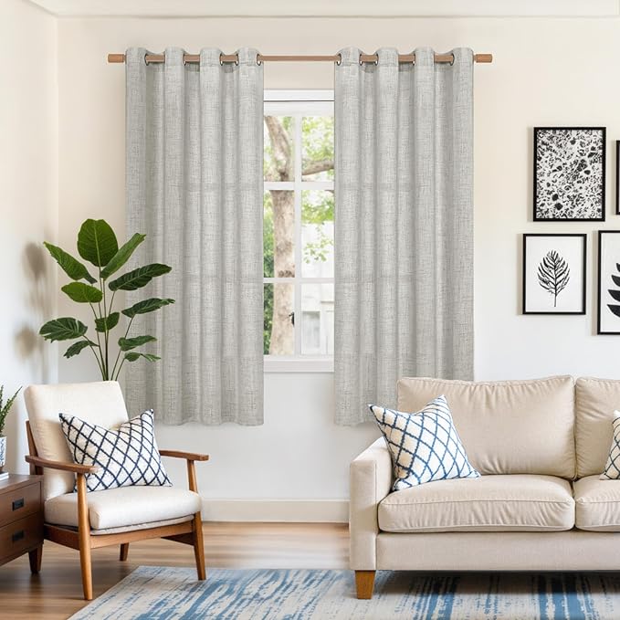 YoungsTex Light Grey Linen Curtains 68 Inch Length for Living Room, Light Filtering Window Drapes Semi Sheer with Bronze Grommet Privacy for Bedroom, 52 x 68 Inch, 2 Panels